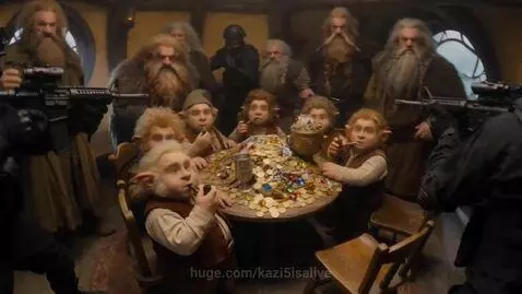 SWAT officers with rifles pointed at Hobbits and Dwarves in a cozy Hobbit hole, surrounded by gold and jewels.