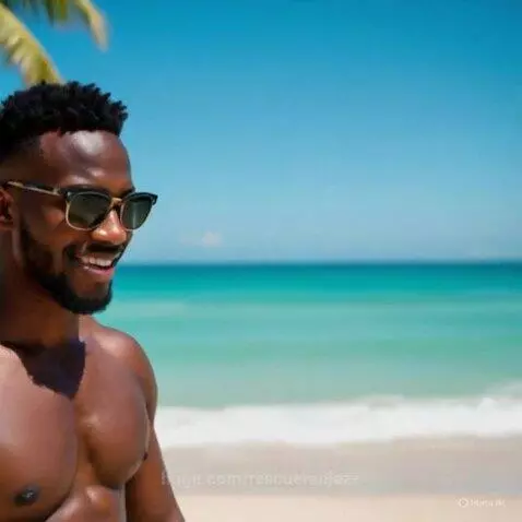Super Sexy Black Male Model Walking on  Sandy Beach by rescueranjazz