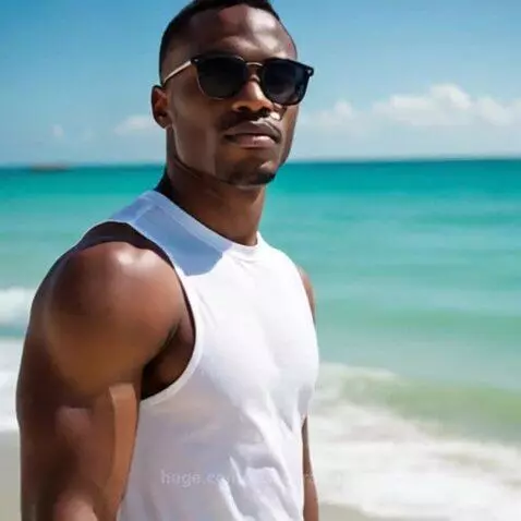 Confident Black Model in White Tank Top on a Beach Photoshoo... by rescueranjazz