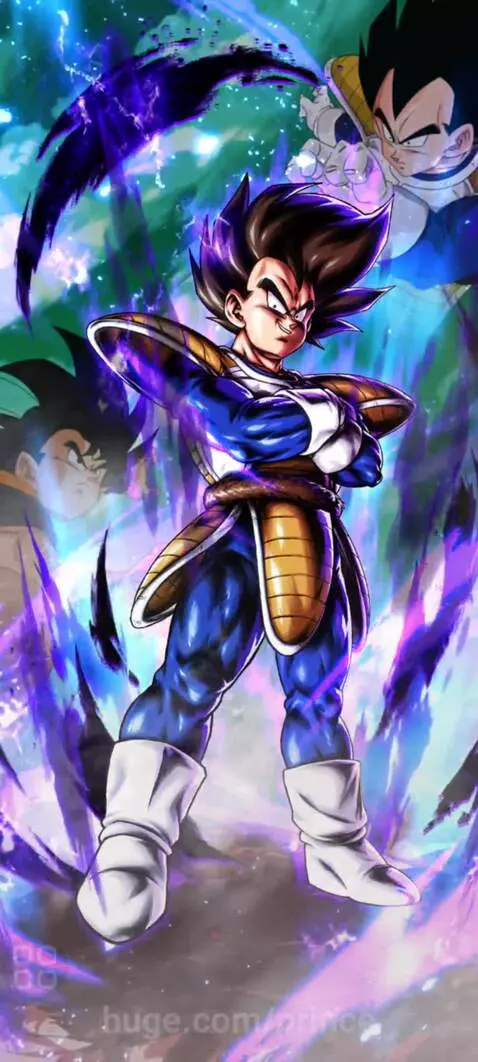 Vegeta, Prince of all Saiyans, in a powerful stance with a vibrant pink and purple aura, tail visible.