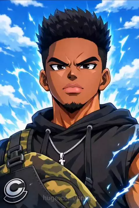Anime-style portrait of a young man with dark skin, spiky black hair, goatee, wearing a hoodie and cross necklace, with a dynamic blue sky background.
