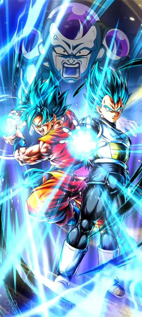 Super Saiyan Blue Goku and Vegeta preparing an attack with Frieza in the background.