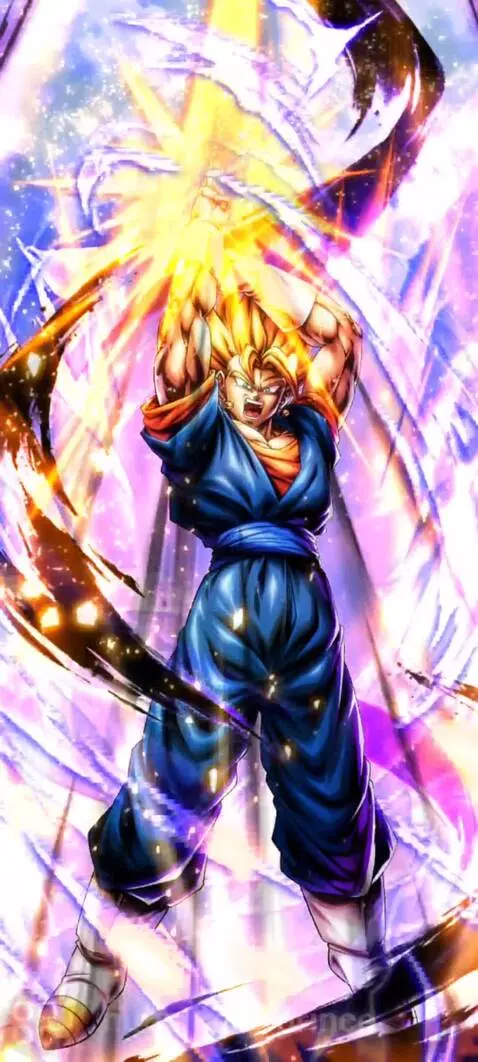 Super Vegito from Dragon Ball in a powerful pose, surrounded by golden and purple energy auras, with sparkling light effects in the background.