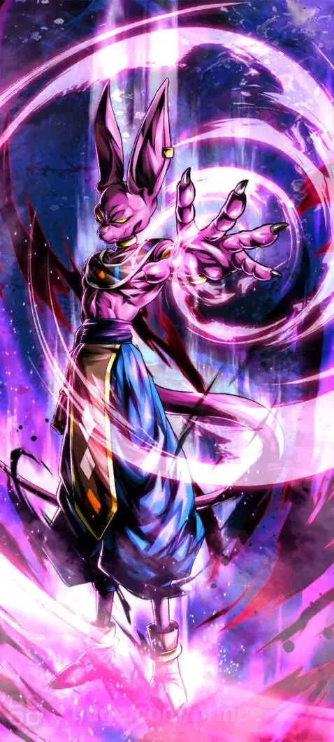 Lord Beerus, God of Destruction from Dragon Ball Super, in a powerful stance with swirling purple energy.