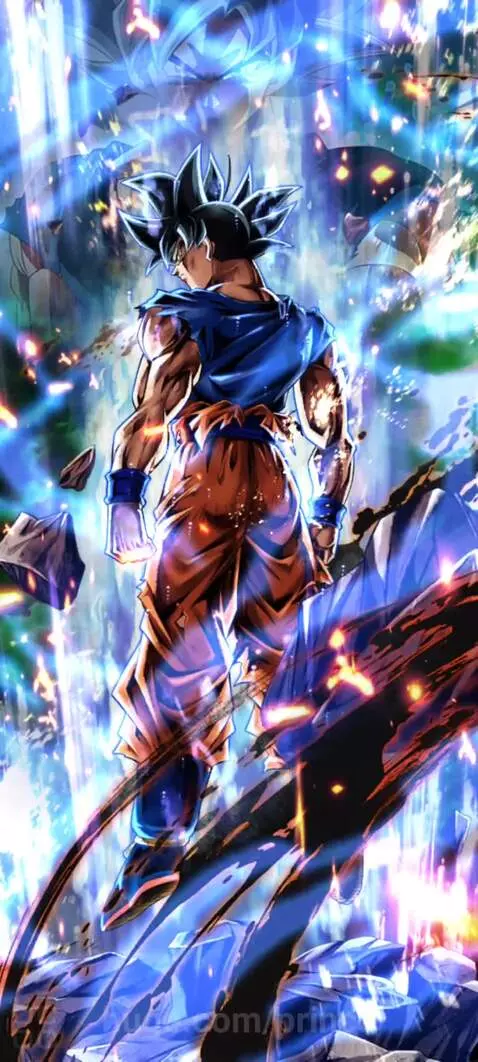 Goku in Ultra Instinct form, viewed from the back, with a determined expression and surrounded by a vibrant energy aura.