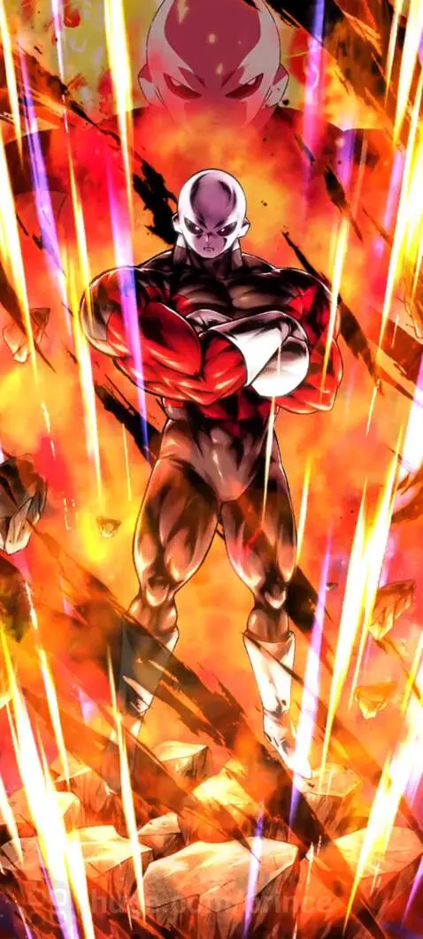 Jiren, a muscular grey-skinned Dragon Ball character, stands with arms crossed, surrounded by a powerful red and orange energy aura.