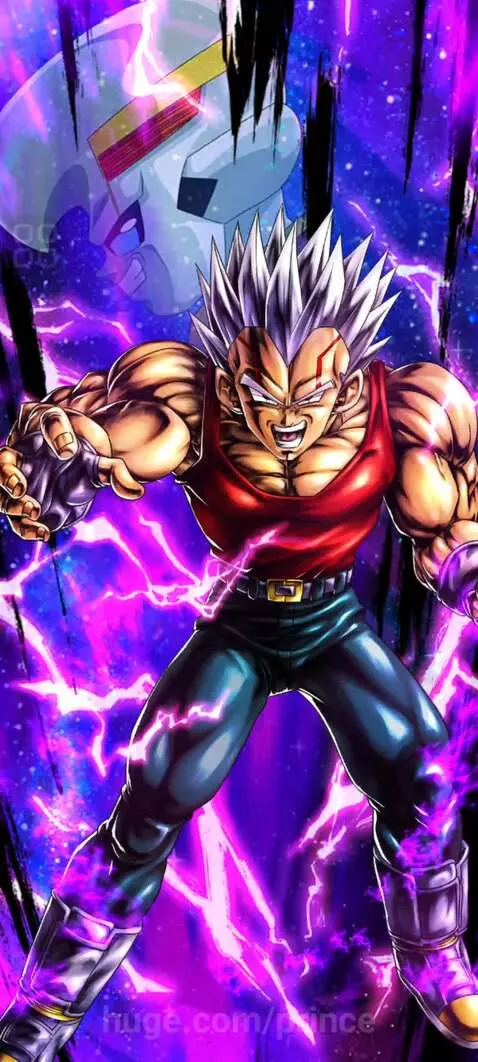 Muscular Baby Vegeta with spiky hair, red tank top, and intense expression surrounded by purple energy.