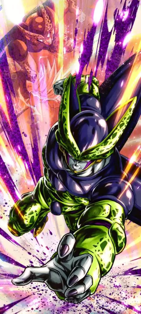 Perfect Cell from Dragon Ball in a dynamic pose, surrounded by purple and yellow energy auras.