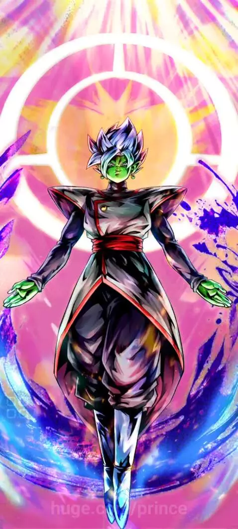 Anime character Zamasu from Dragon Ball with green skin, spiky hair, and a glowing halo, against a vibrant purple and pink background.