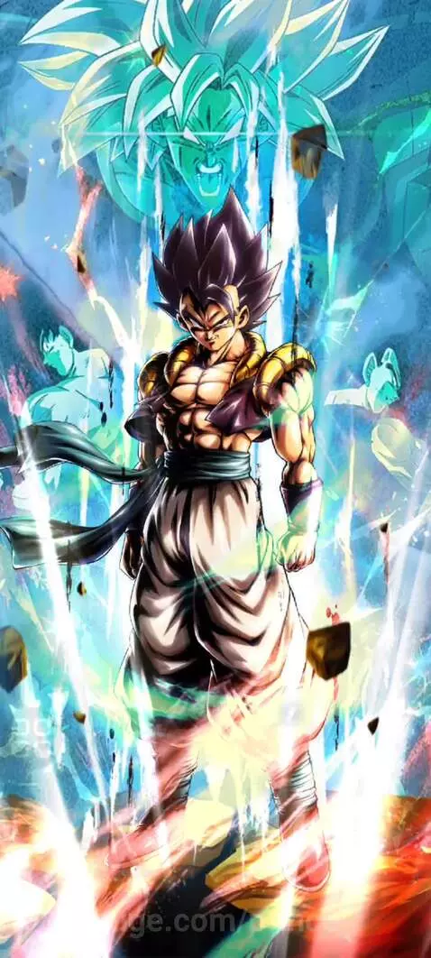 Super Saiyan Gogeta in a powerful pose with bright yellow and blue energy, mid-transformation.