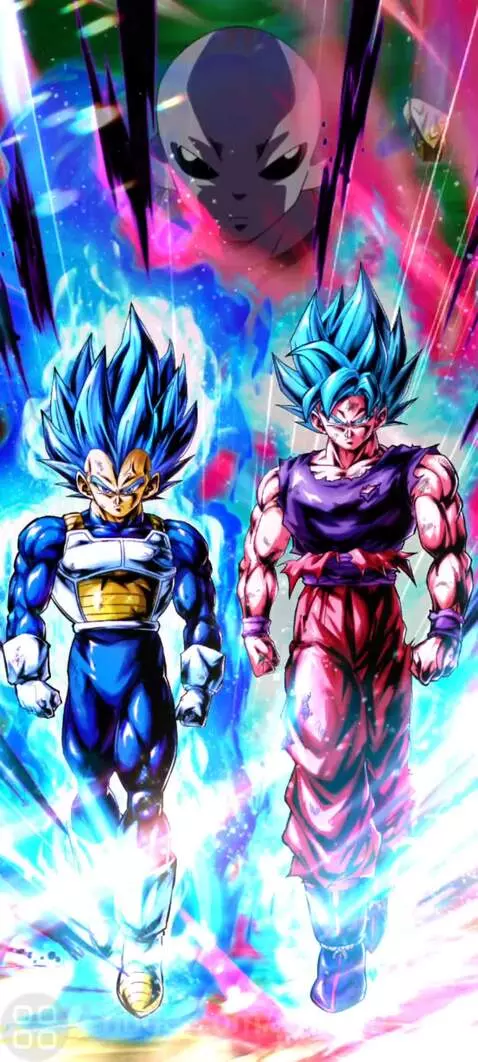 Goku and Vegeta in Super Saiyan Blue forms with blue energy auras, Jiren silhouette in background.