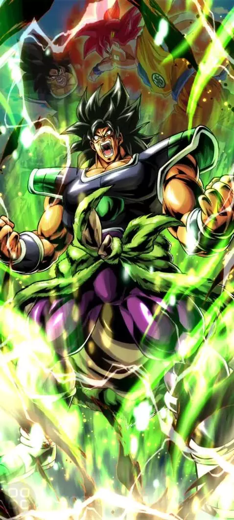 Muscular Broly in Legendary Super Saiyan form, roaring with a vibrant green energy aura, Dragon Ball characters in background.