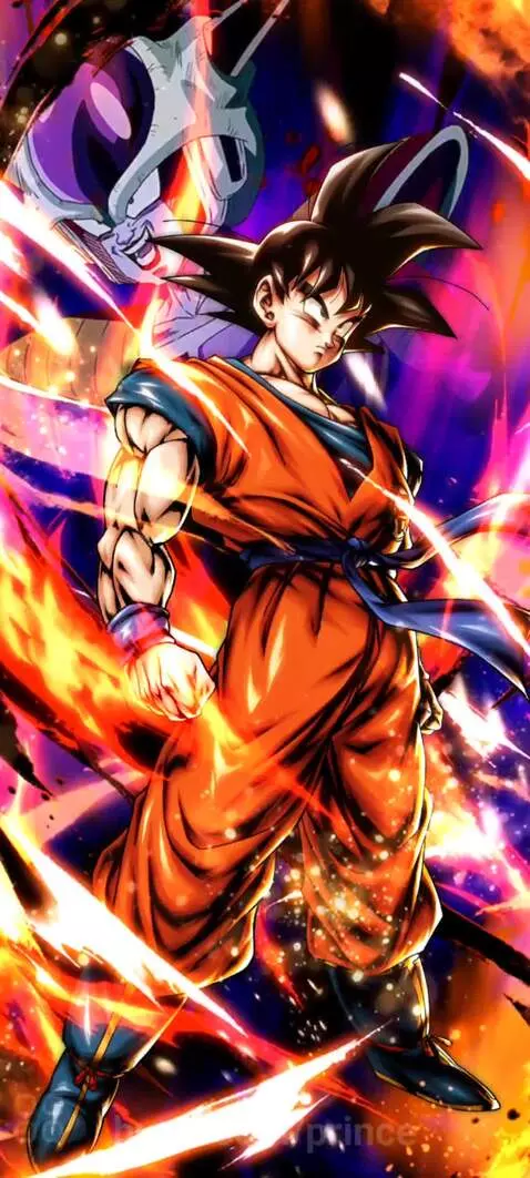 Goku in his orange gi, surrounded by fiery and electric energy, with Frieza visible in the background.