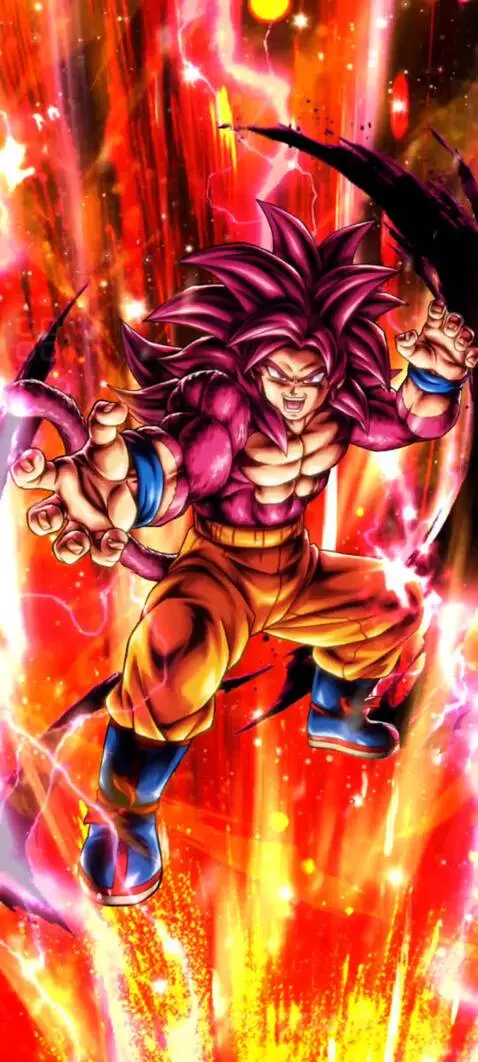 SSJ4 Goku in a crouching pose, charging a blue energy ball with a multi-colored aura and intense expression.