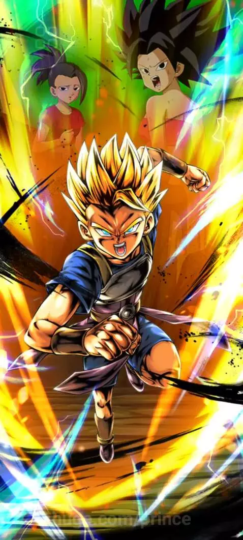 Super Saiyan 2 Cabba charging forward with a yellow aura, Caulifla and Kale in the background.