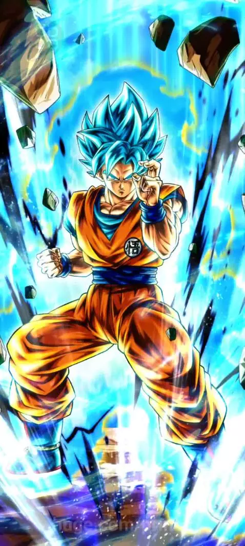 Animated image of Goku in Super Saiyan Blue form, with a blue aura and spiky blue hair, in a dynamic battle pose.