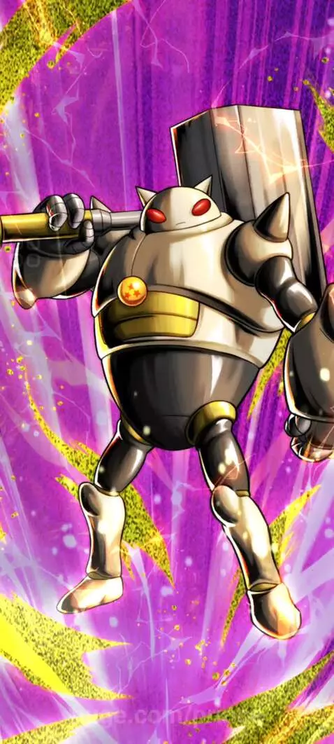 Stylized white and grey robot with gold accents, red eyes, and a large hammer, against a dynamic purple and yellow background.