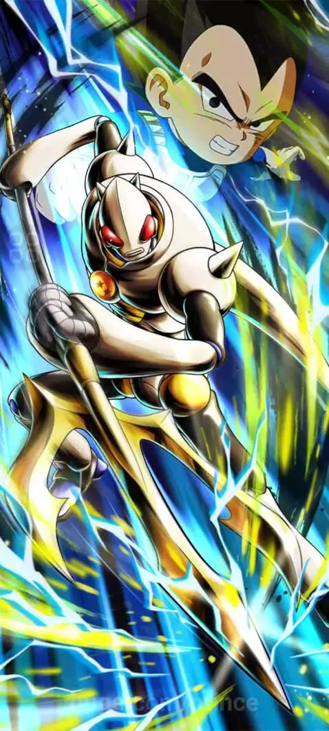 Animated robot with golden trident and red eyes facing off against a spiky green-haired character resembling Vegeta.