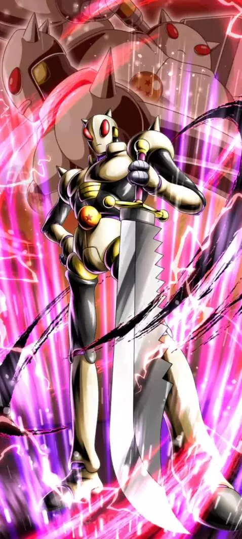 Stylized robot with a large sword, Dragon Balls, and vibrant pink/purple energy background.