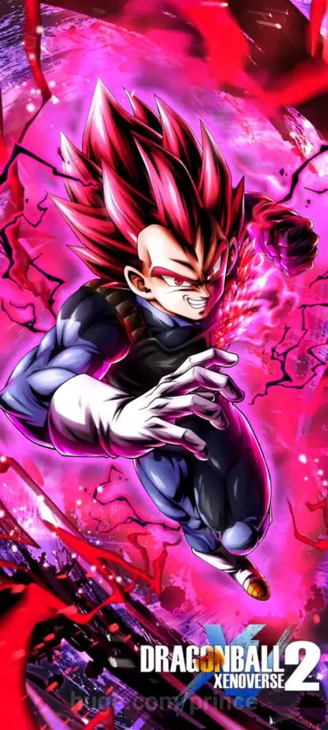 Dragon Ball Z's Vegeta in Super Saiyan God form, with red hair and a vibrant pink and purple energy aura, charging an attack.