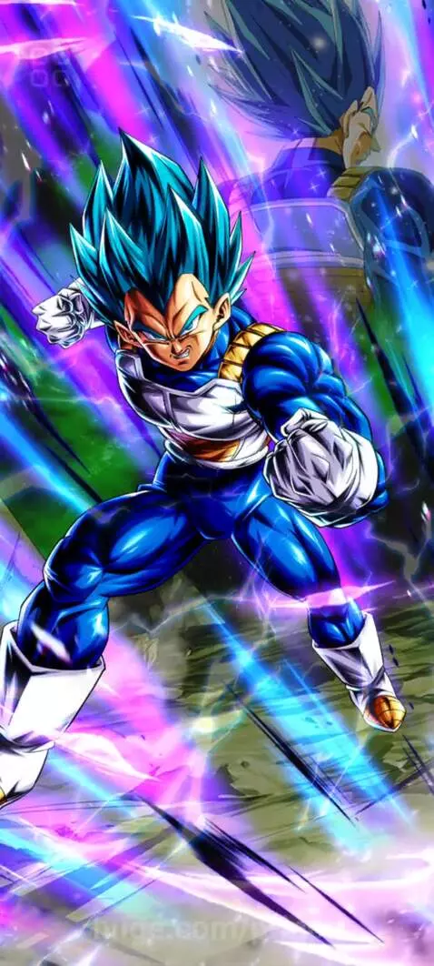 Anime character Vegeta in Super Saiyan Blue Evolved form, clenching fists with blue lightning and energy effects.