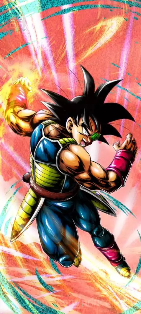 Animated Bardock in a powerful stance with energy auras, Saiyan armor, and scouter. Goku and Gohan outlines in background.
