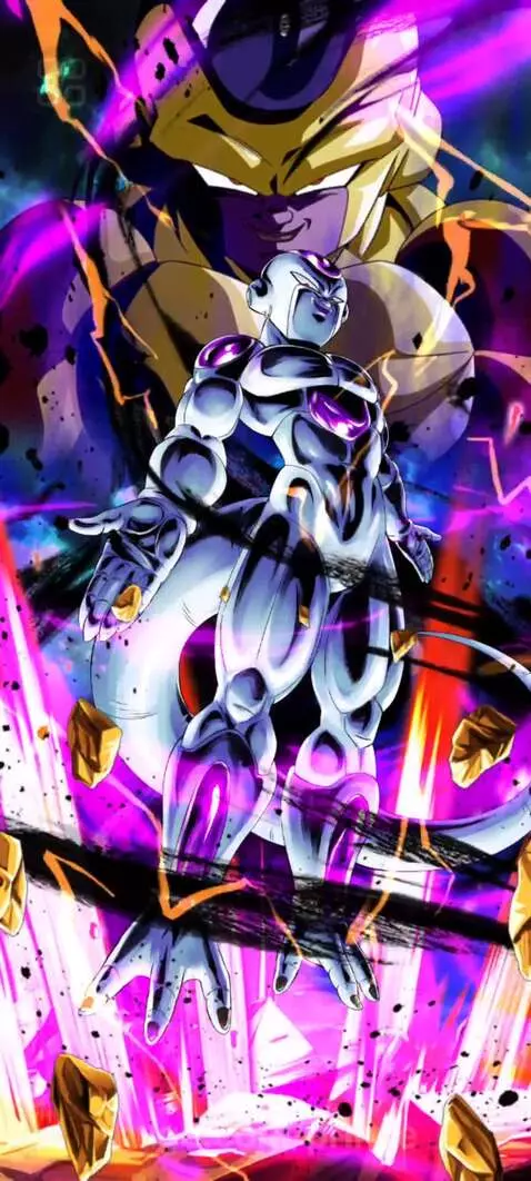 Golden Frieza character in a powerful pose, surrounded by golden and black energy effects and a pink aura.