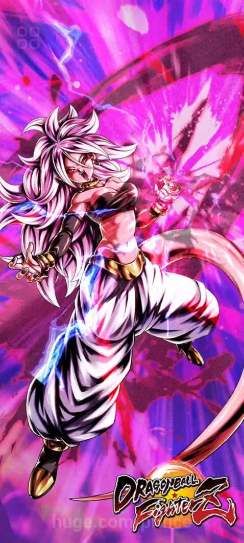 Android 21 in her Evil form from Dragon Ball, posing with pink energy, long white hair, and purple skin.