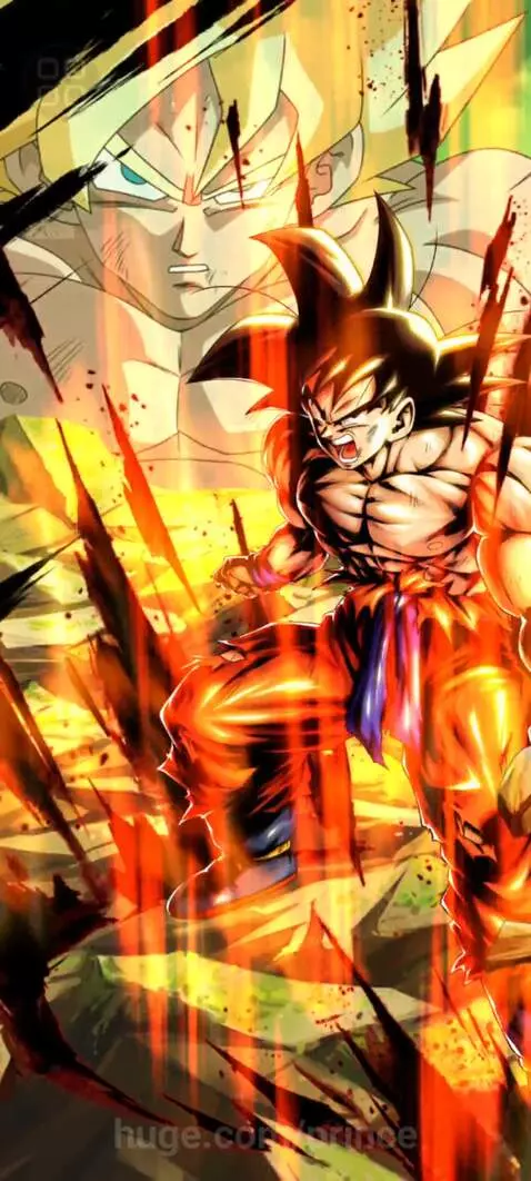 Super Saiyan Goku with golden hair and energy, intense expression, in front of a larger Goku face.