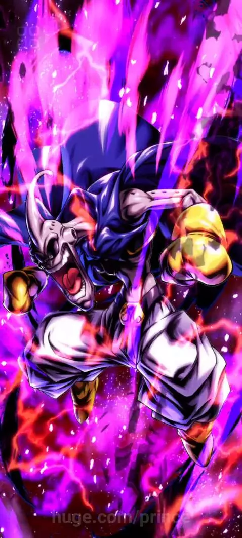 Super Buu from Dragon Ball Z in an aggressive pose, surrounded by glowing purple and pink energy.
