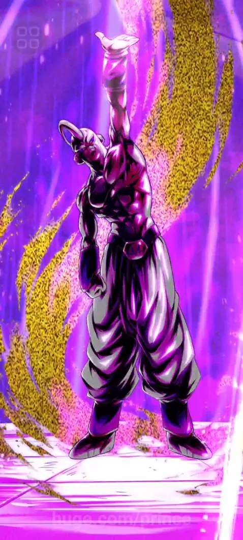 Super Buu from Dragon Ball Z in a powerful, muscular pose with swirling purple energy and golden particles.