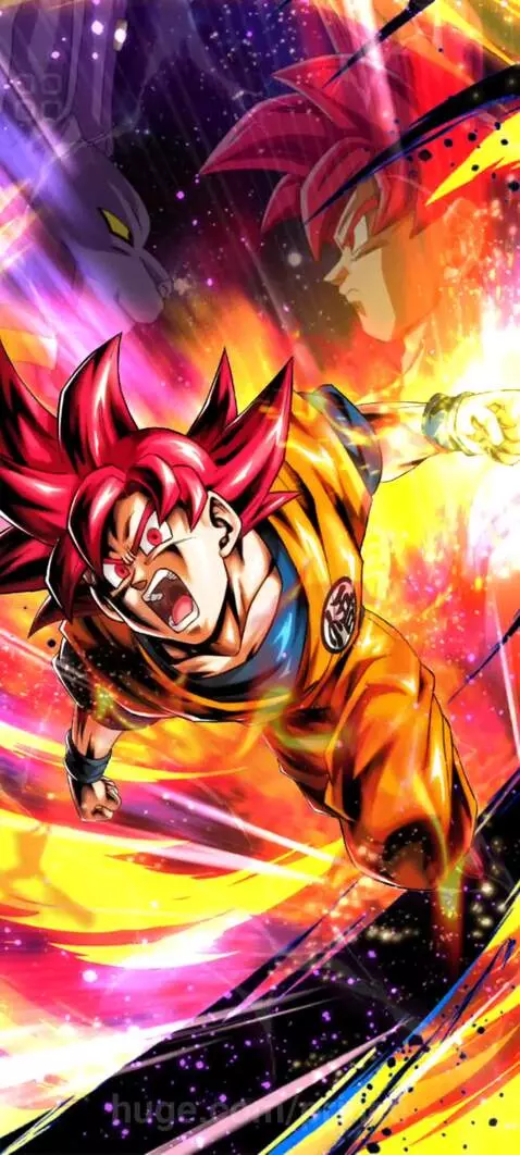 Super Saiyan God Goku with red hair and aura, surrounded by Beerus, Chi-Chi, and Z-Fighters in a dynamic collage.
