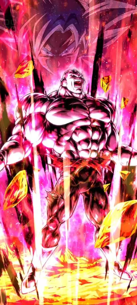 Jiren from Dragon Ball powering up with intense pink and red energy, Goku's face visible in the background.
