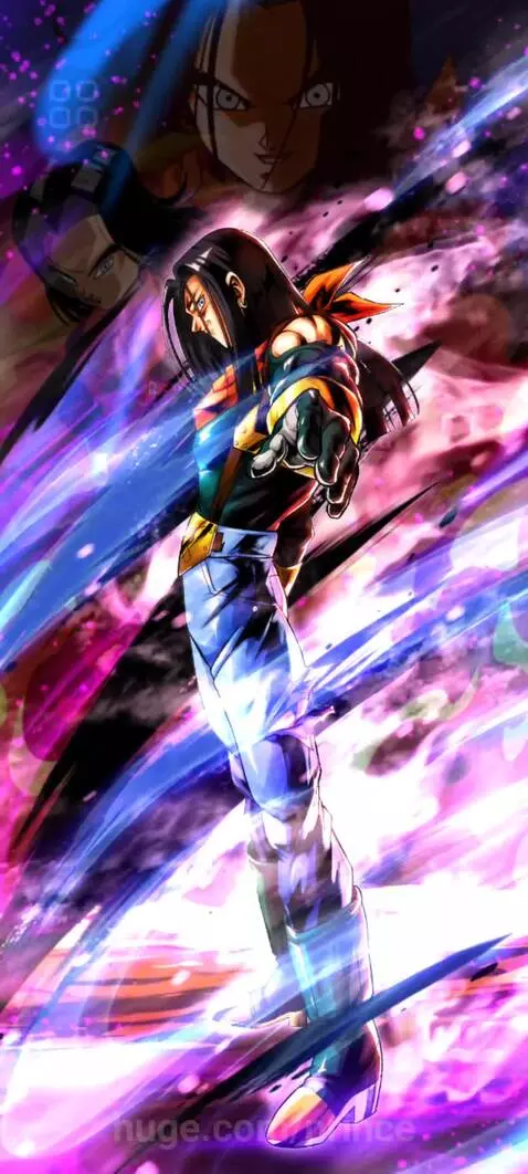 Super #17 from Dragon Ball GT in a dynamic pose with energy effects and flowing hair.