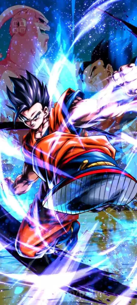 Ultimate Gohan charging a powerful blue energy attack with intense expression, surrounded by sparkling effects.