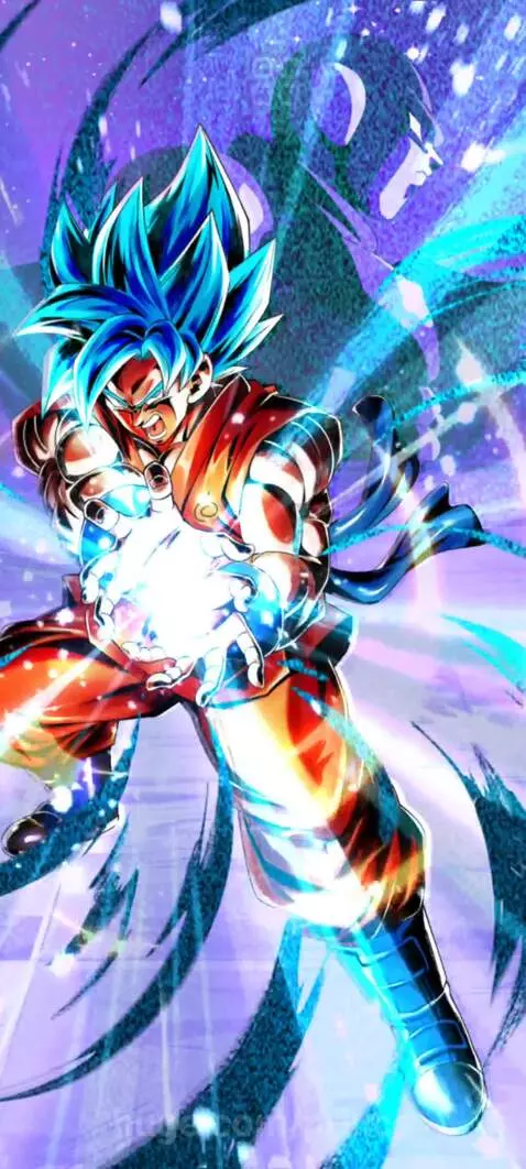 Goku in Super Saiyan Blue Kaioken form, charging energy with blue and pink aura, debris flying.