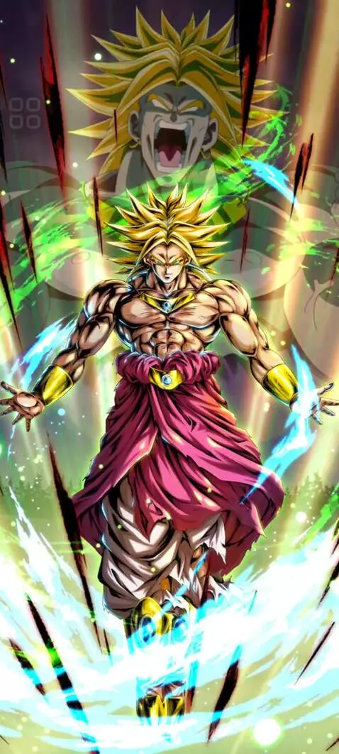 Legendary Super Saiyan Broly in a dynamic, aggressive stance radiating green and blue energy auras.