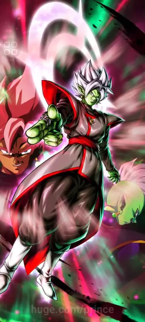 Fused Zamasu in an action pose with a glowing fist, surrounded by energy effects. Goku Black visible in background.