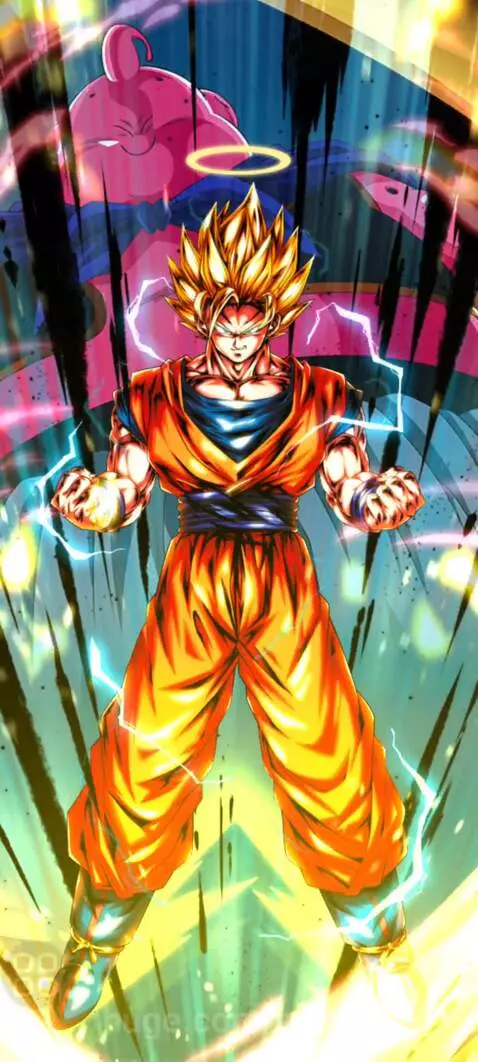 Super Saiyan 3 Goku in full-body pose, golden aura, spiky hair, and blue lightning, ready for battle.