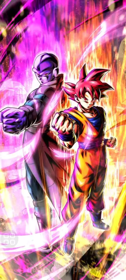 Goku in Super Saiyan God and Super Saiyan Blue forms with Hit, surrounded by intense energy, ready for battle.