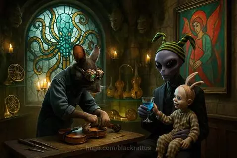 Dr. Rat and Alien Enjoy a Tipple in the Workshop by blackrattus