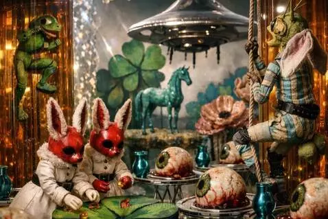 Surreal dark fantasy scene with rabbit-masked figures, insect puppet, bloody eyeballs, rearing horse, and UFO.