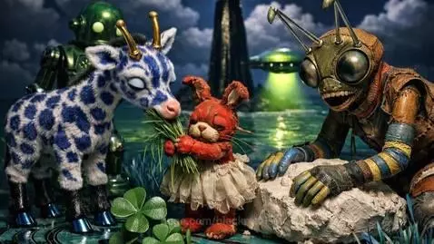 Stop-motion scene with a baby giraffe, bunny, robot, alien molding clay, and a UFO in the background.