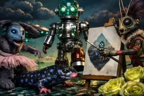 Metallic robot with green eyes holding a spotted salamander, walking towards a UFO, with a rabbit and artist nearby.