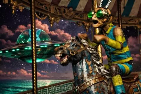 Surreal scene with a carousel horse, insect rider, UFO, and a waving bunny against a starry night sky with pink and orange clouds.