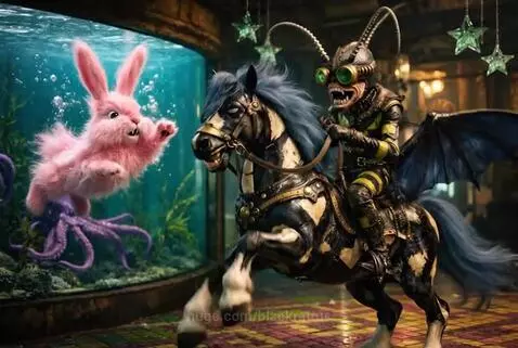 Steampunk insectoid rider on a rearing horse, looking at a pink bunny and octopus in an aquarium. Blue-maned horse.