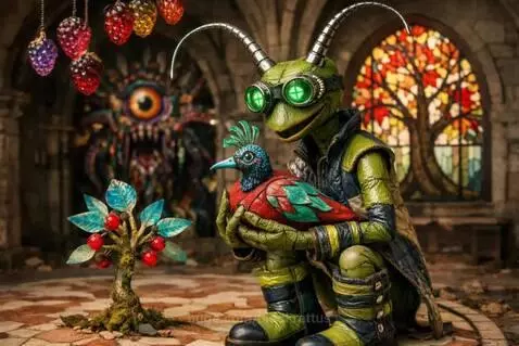 Stop-motion animation of a green puppet character releasing a colorful bird onto a growing tree in a gothic room.