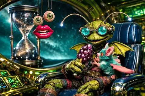 Green frog puppet with goggles and wings sits in a futuristic chair, feeding a grape popsicle to red lips.