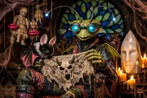 Green insectoid puppet with glowing goggles on a throne, holding and burning skull-patterned lace in a dark, gothic room.