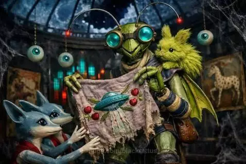 A glowing turquoise UFO saucer ascends from a gothic room through a broken glass ceiling into a starry night sky.